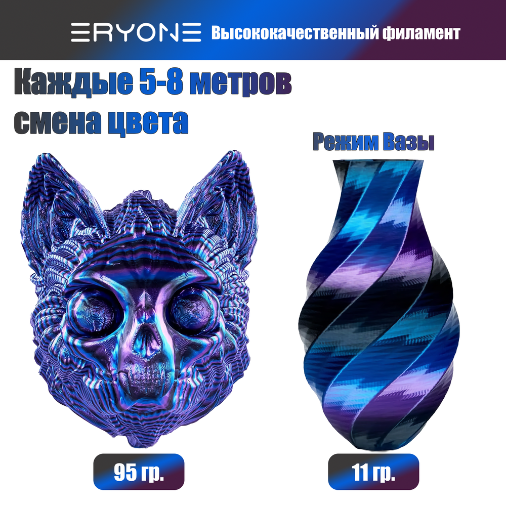 Пластик Eryone Silk Twisted Rainbow PLA 1.75mm 1kg Obsidian-Black & Blue & Purple