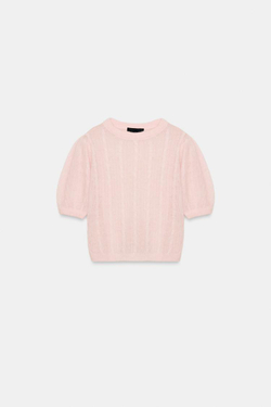 ZARA СВИТЕР С УЗОРОМ «КОСЫ» ИЗ СМЕСОВОЙ ШЕРСТИ С КОРОТКИМИ РУКАВАМИ, ПАСТЕЛЬНО-РОЗОВЫЙ