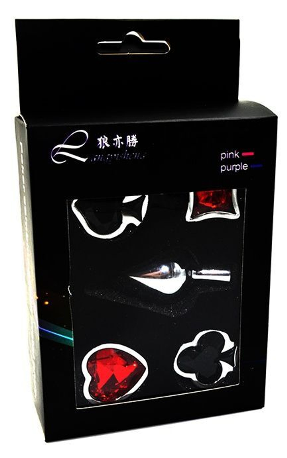 Набор из серебристой анальной пробки из нержавеющей стали и 4 кристаллов в форме мастей - 7,6 см. (Цвет: черный с красным)