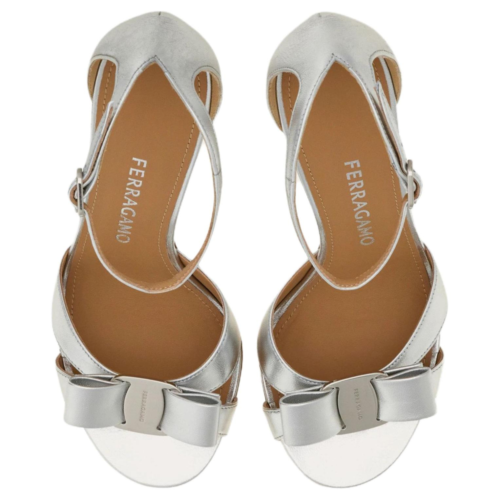 FERRAGAMO Vara Leather One Strap Sandals 9cm Women"s Silver