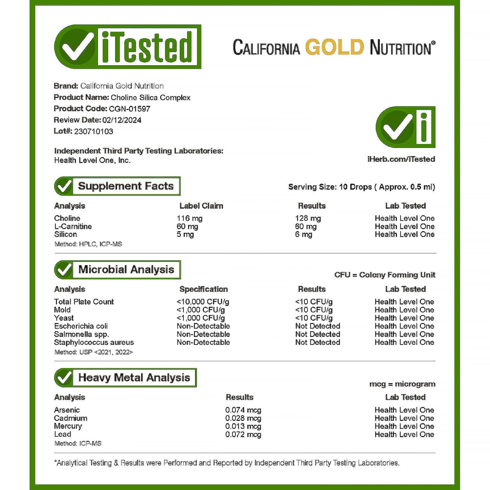 California Gold Nutrition, комплекс с холином и диоксидом кремния, биодоступный и стабилизированный кремний с холином и L-карнитином, 30 мл (1 жидк. унция)
