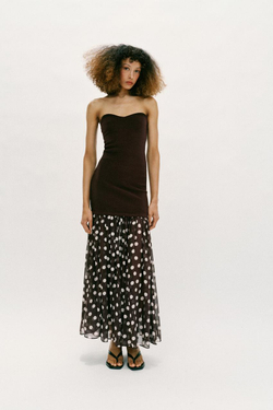 ZARA ПЛАТЬЕ БЕЗ БРЕТЕЛЕК В ГОРОШЕК, КОРИЧНЕВЫЙ