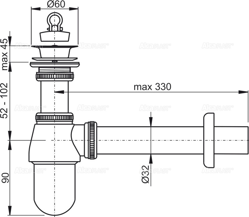 Сифон для раковины Alcadrain 32 мм, цельнометаллический, с водосливом 5/4", хром (A437)