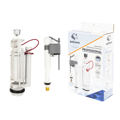 Арматура к смыв. бачку 2-ух Кноп. UNICORN хром, универс. (бок/ниж.подв, лат.штуцер 3/8") KAU_K/L_3/8