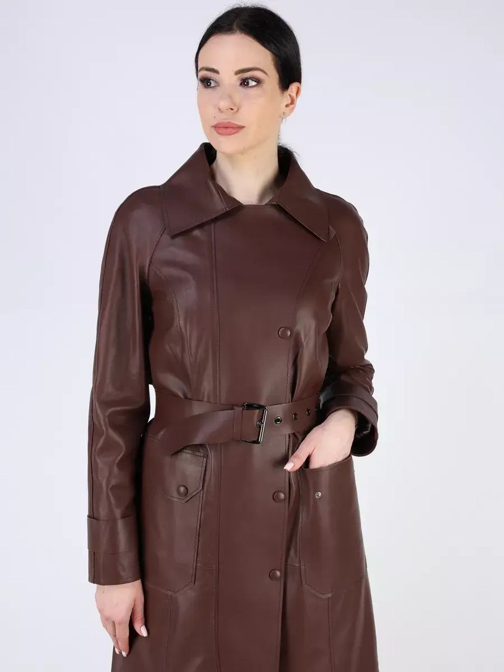 Кожаный тренч длинный с поясом плащ