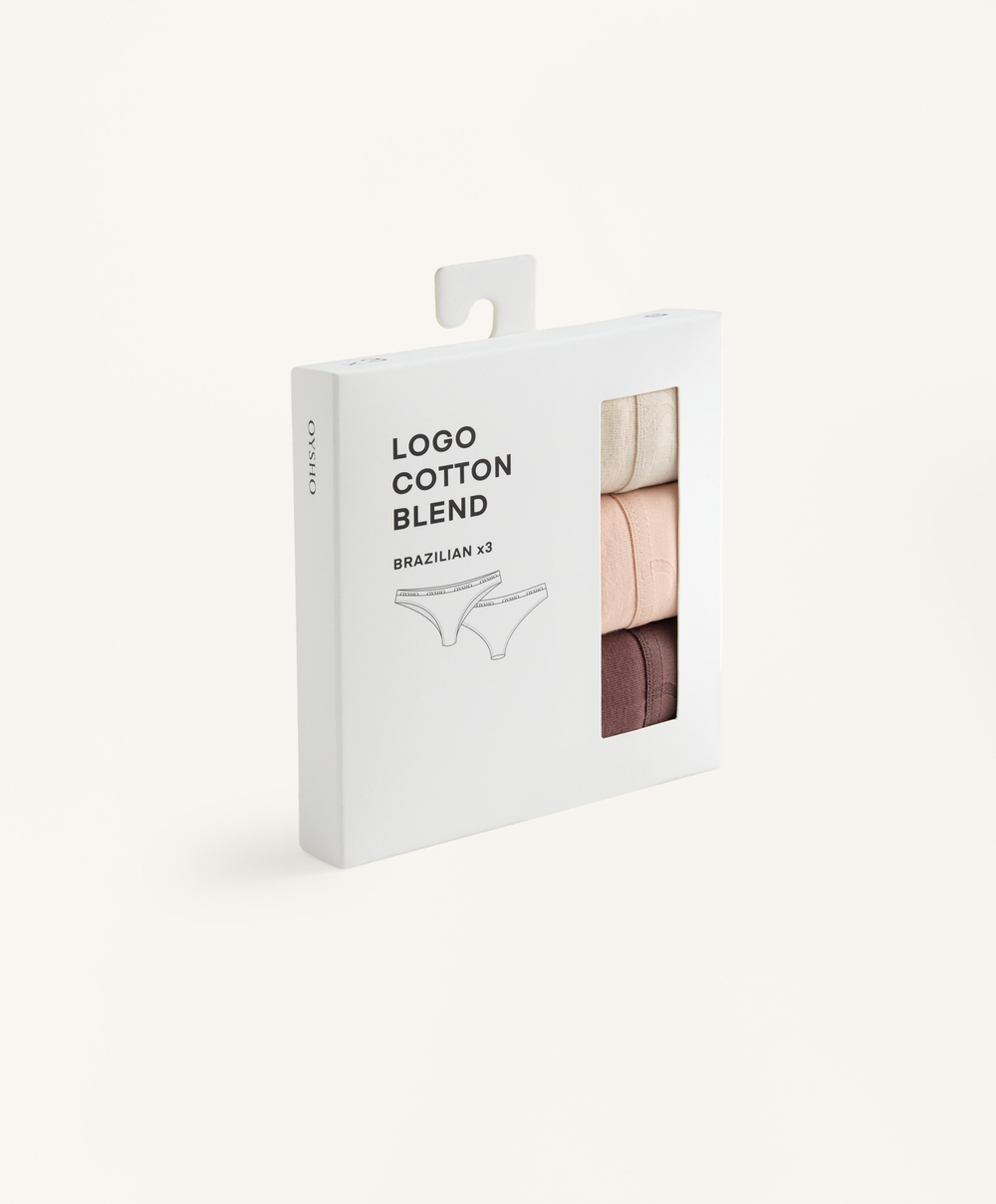 OYSHO Набор из трех пар трусиков-бразильских хлопковых с логотипом, каменный меланж