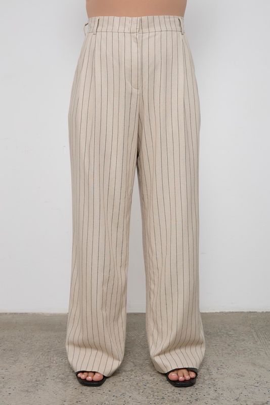Брюки изо льна в полоску, серо-бежевый