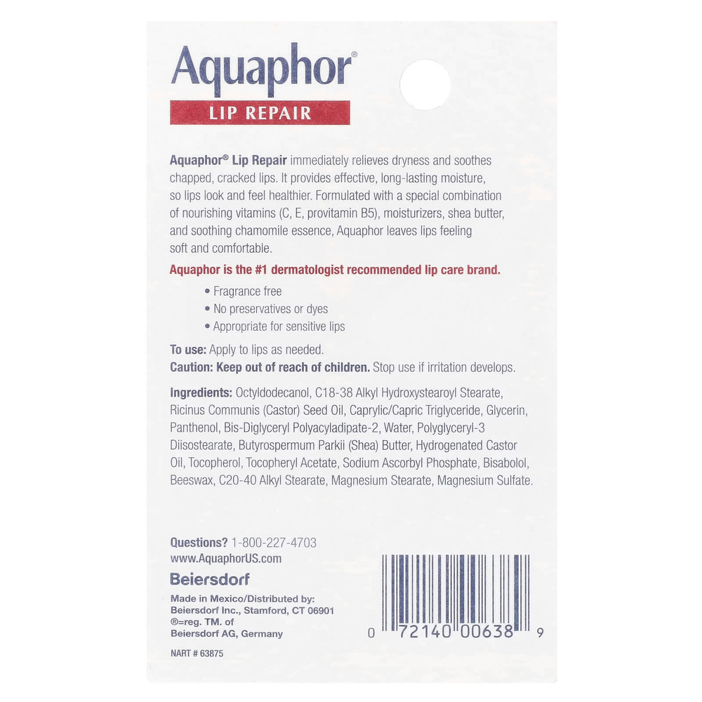 Aquaphor, восстанавливающий бальзам для губ мгновенного действия, без отдушек, 10 мл (0,35 жидк. унции)