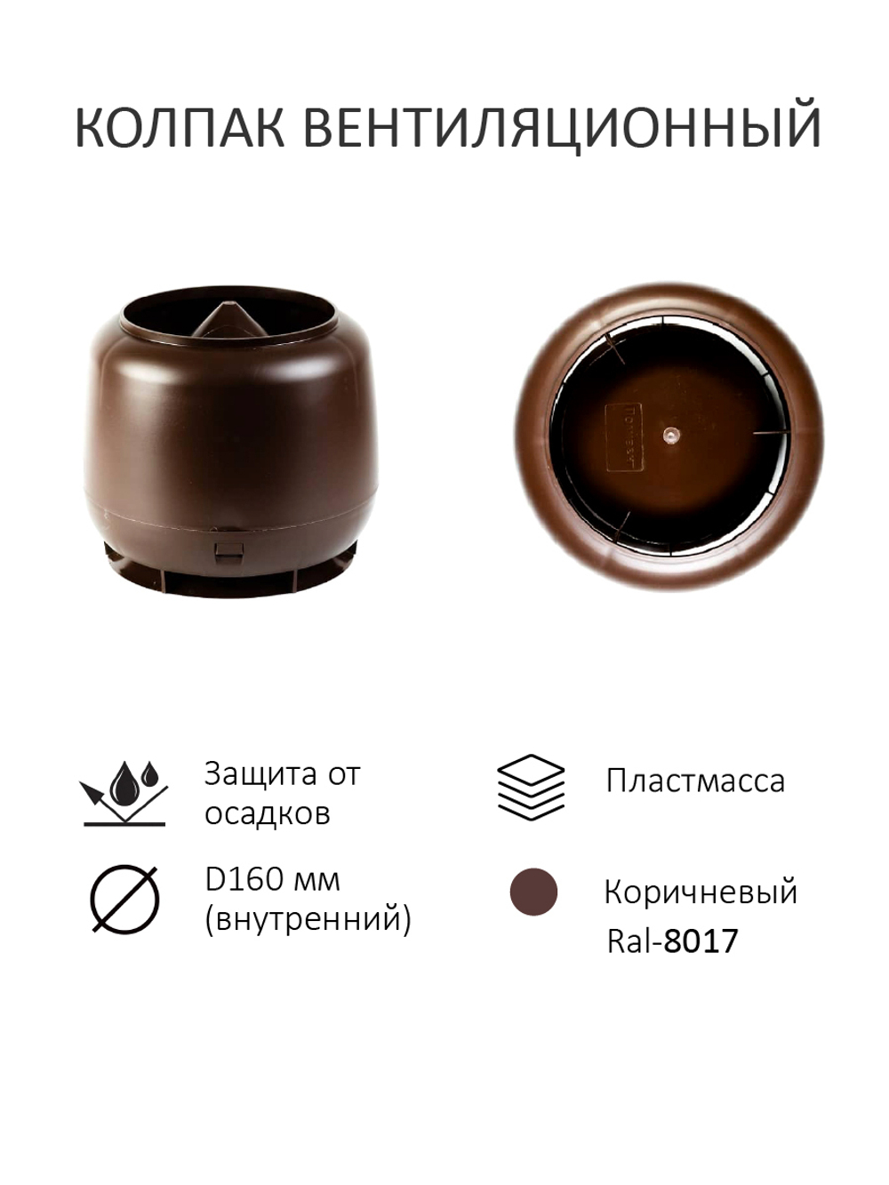 Комплект вентиляции: Вентиляционный выход изолированный D125/160 утепленный высота H=700 мм, проходной элемент для плоской кровли ТП-187, колпак вентиляционный D160 мм, коричневый