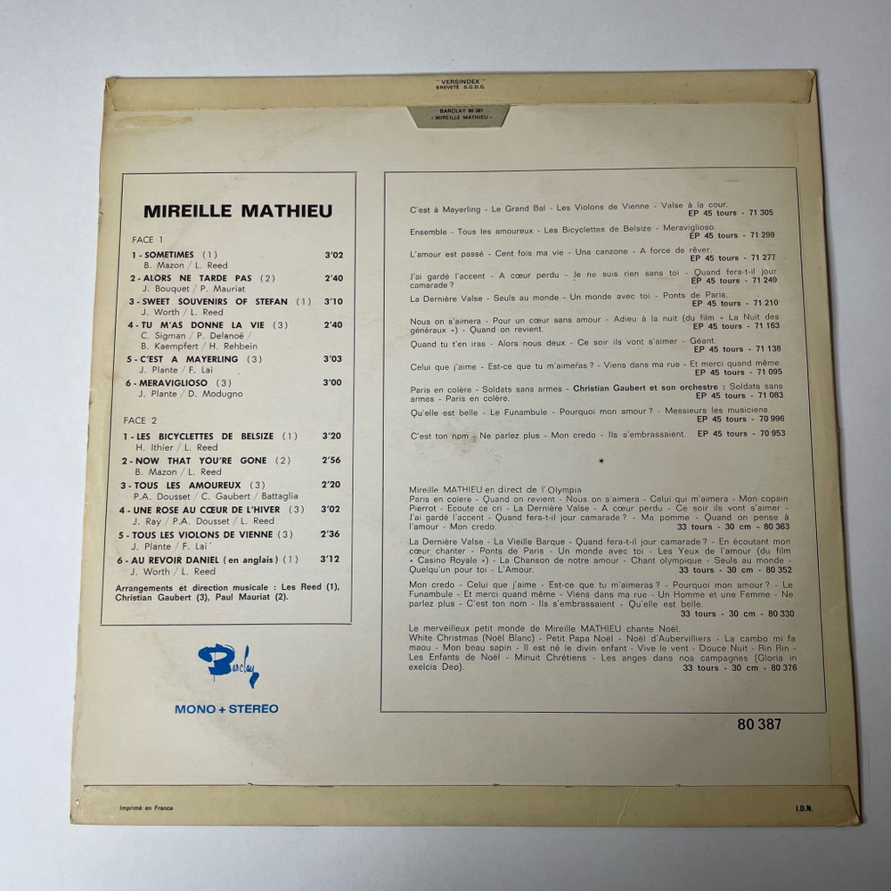 Винтажная виниловая пластинка LP Mireille Mathieu Мирей Матьe Sweet Souvenirs Of (France 1968)
