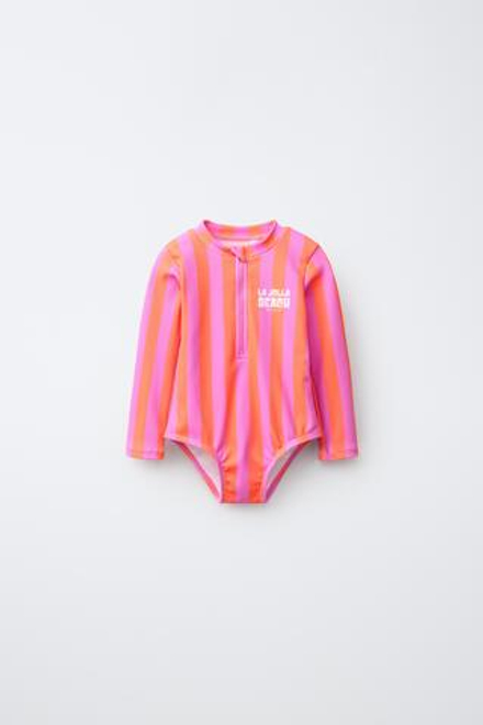 ZARA КУПАЛЬНИК В ПОЛОСКУ С НАДПИСЬЮ, НЕОНОВО-ОРАНЖЕВЫЙ