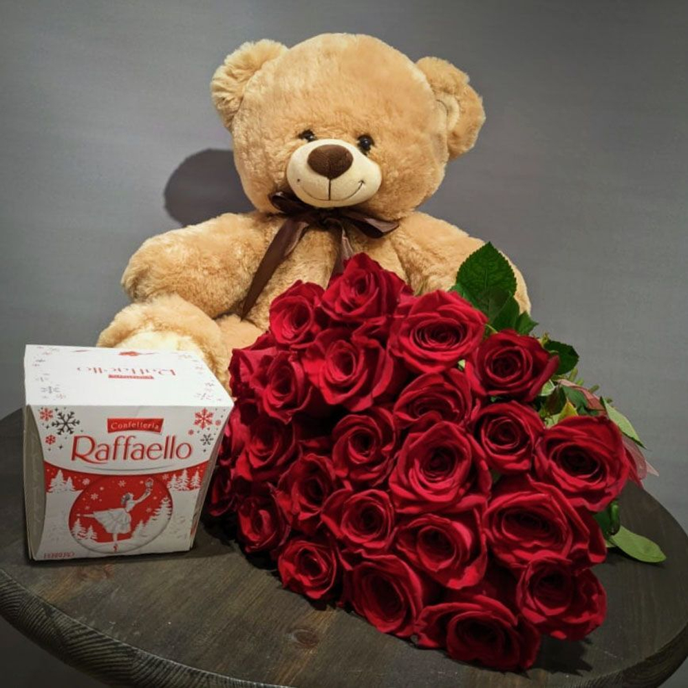 Набор 3в1: 25 Роз+Медведь+Raffaello