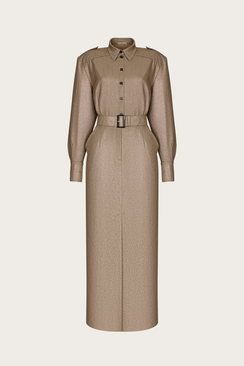 ПЛАТЬЕ ИЗ КОРИЧНЕВОЙ КОСТЮМНОЙ ТКАНИ С ЛЮРЕКСНЫМ НАПЫЛЕНИЕМ