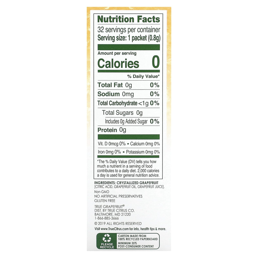 True Citrus, True Grapefruit, кристаллизованный грейпфрут, несладкий, 32 пакетика, 25,6 г (0,90 унции)
