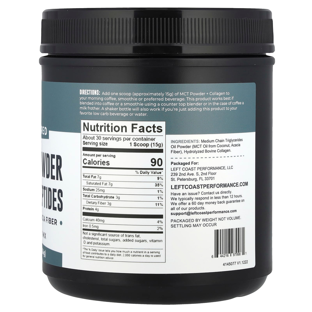Left Coast Performance, масло MCT в порошке с пептидами коллагена и пребиотическими волокнами акации, с нейтральным вкусом, 454 г (1 фунт)