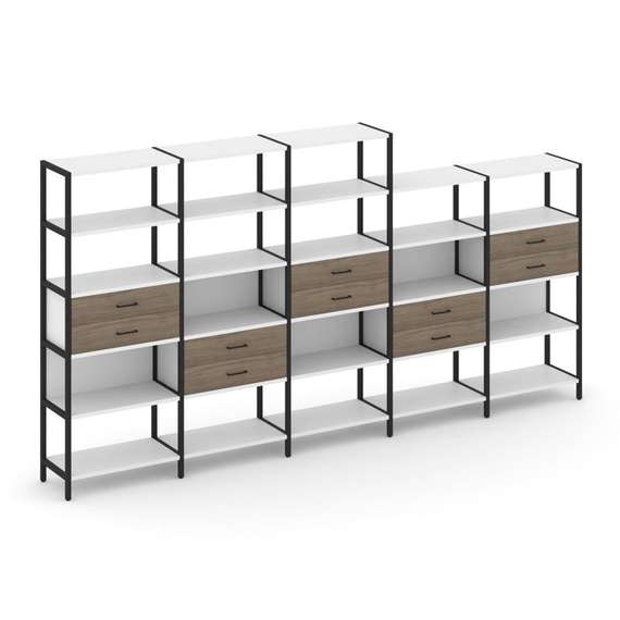 Shelf System Пятисекционный стеллаж пятиярусный с ящиками SN.STM-551 Белый/Вяз Благородный/Металл Че