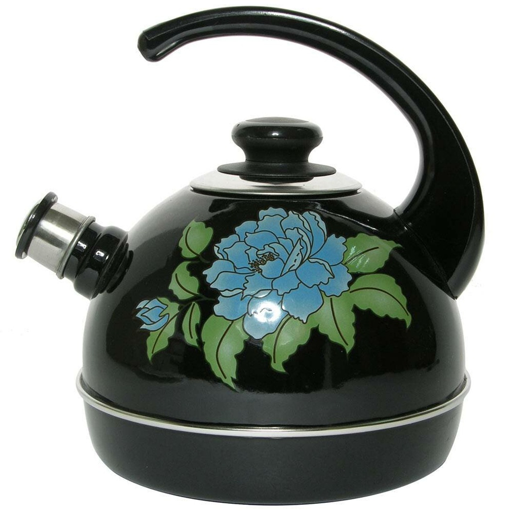 Чайник 3,5л со свистком, консольная ручка, черный "Голубая орхидея"
