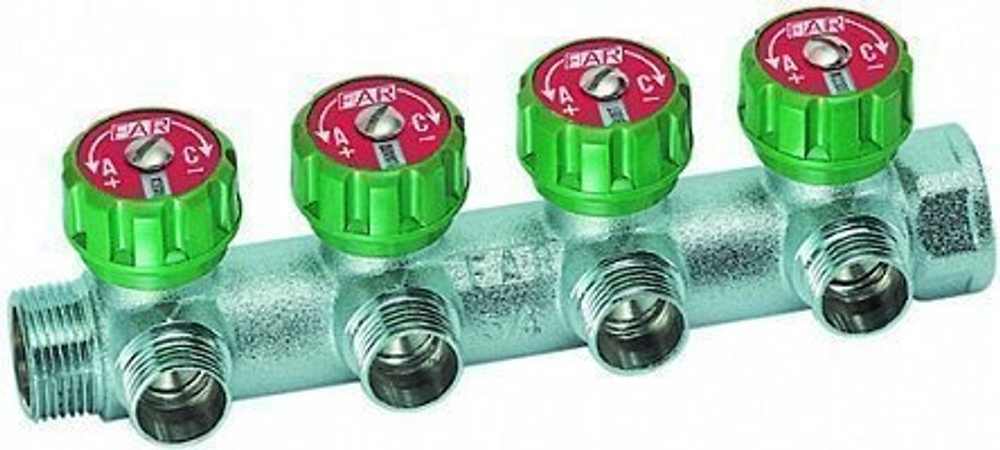 Регулирующий коллектор 3/4" (ВР-НР) с 4 отв. 1/2" НР (межосев. 45 мм)