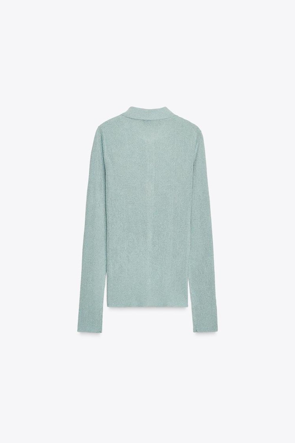 ZARA ТРИКОТАЖНЫЙ ТОП ПОЛО С МЕТАЛЛИЗИРОВАННОЙ НИТЬЮ, ПАСТЕЛЬНО-СИНИЙ