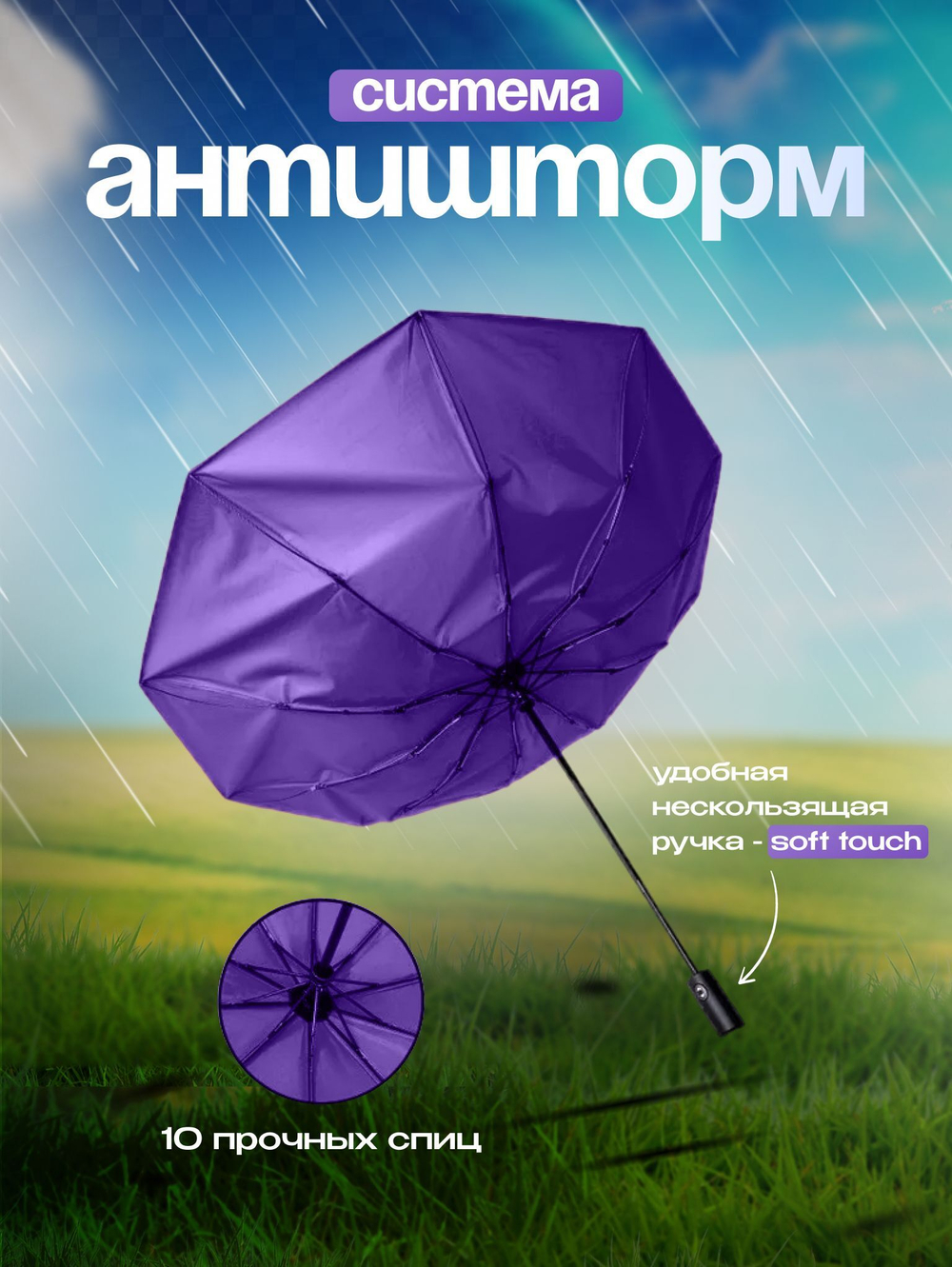 Зонт автомат c системой антиветер женский и мужской большой купол 10 спиц. Цвет синий.
