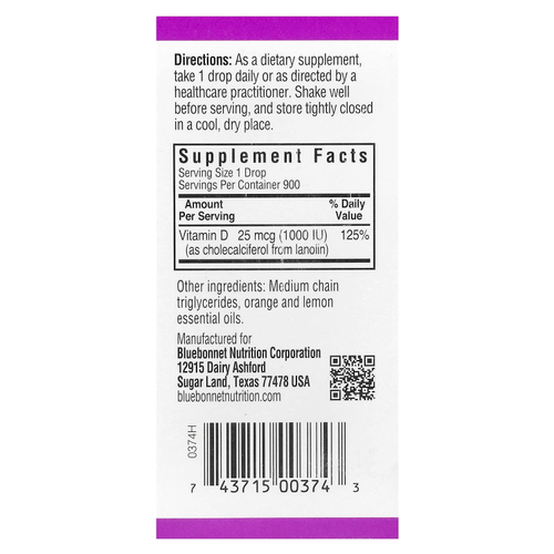 Bluebonnet Nutrition, жидкий витамин D3 в каплях, с цитрусовыми, 25 мкг (1000 МЕ), 30 мл (1 жидк. унция)