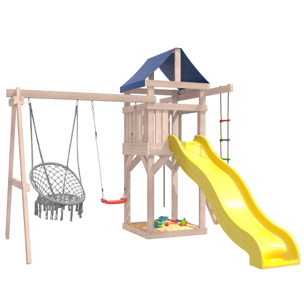 Детская площадка неокрашенная с качелями лодочка и подвесным плетеным креслом IgroWoods для улицы и дачи