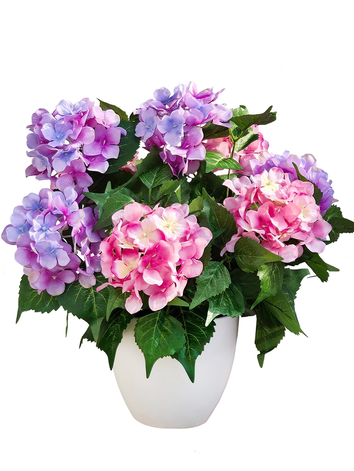 Искусственные цветы Гортензия розово-лиловая густая 40см в белом кашпо