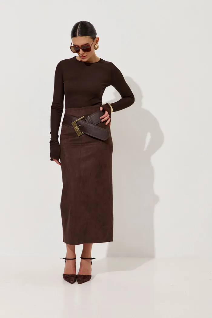 Юбка карандаш из экозамши цвета шоколад