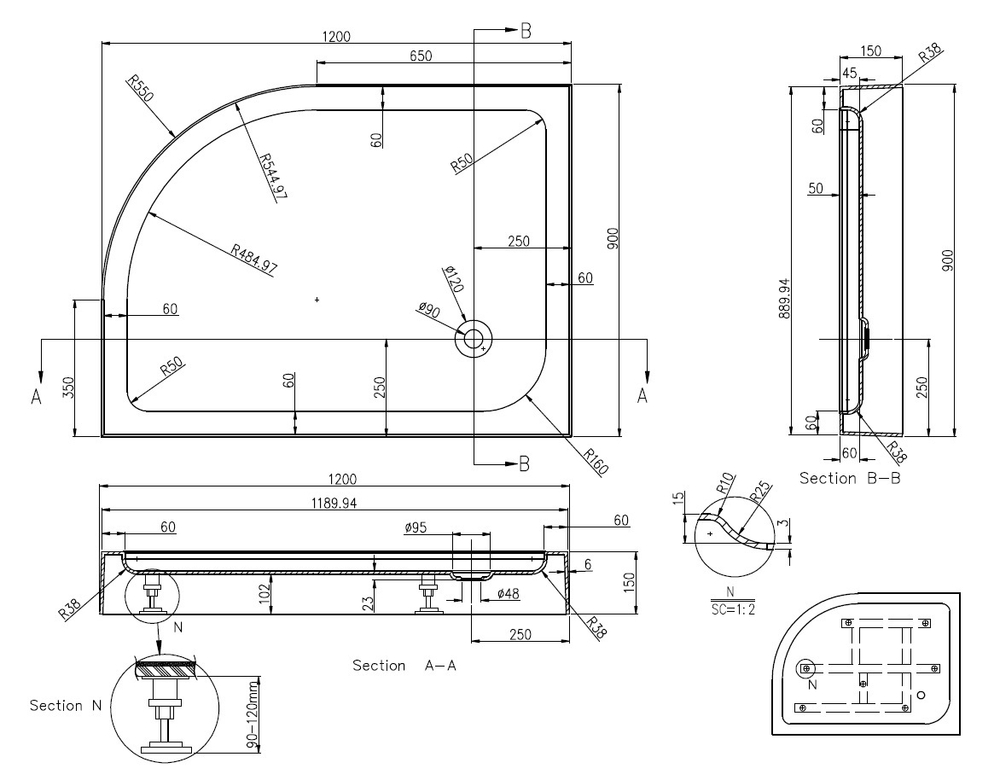 Поддон акриловый Azzario VICTORIA 90x120x15 P2912 L  схема