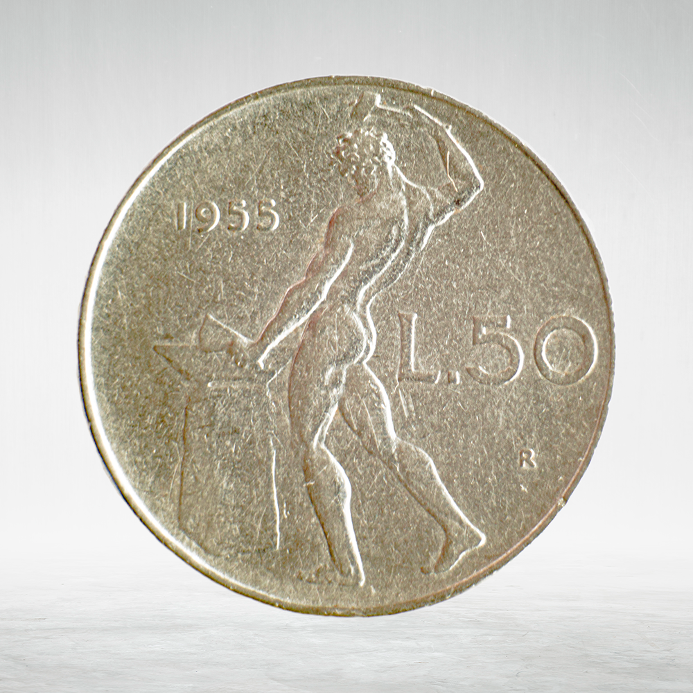 Italy 50 Lire 1955 R "Vulcan at Anvil – Large Type", XF