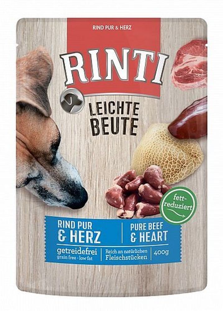 RINTI LEICHTE BEUTE Rind Pur + Geflügelherzen Говядина и птичьи сердечки Пауч для собак 400г