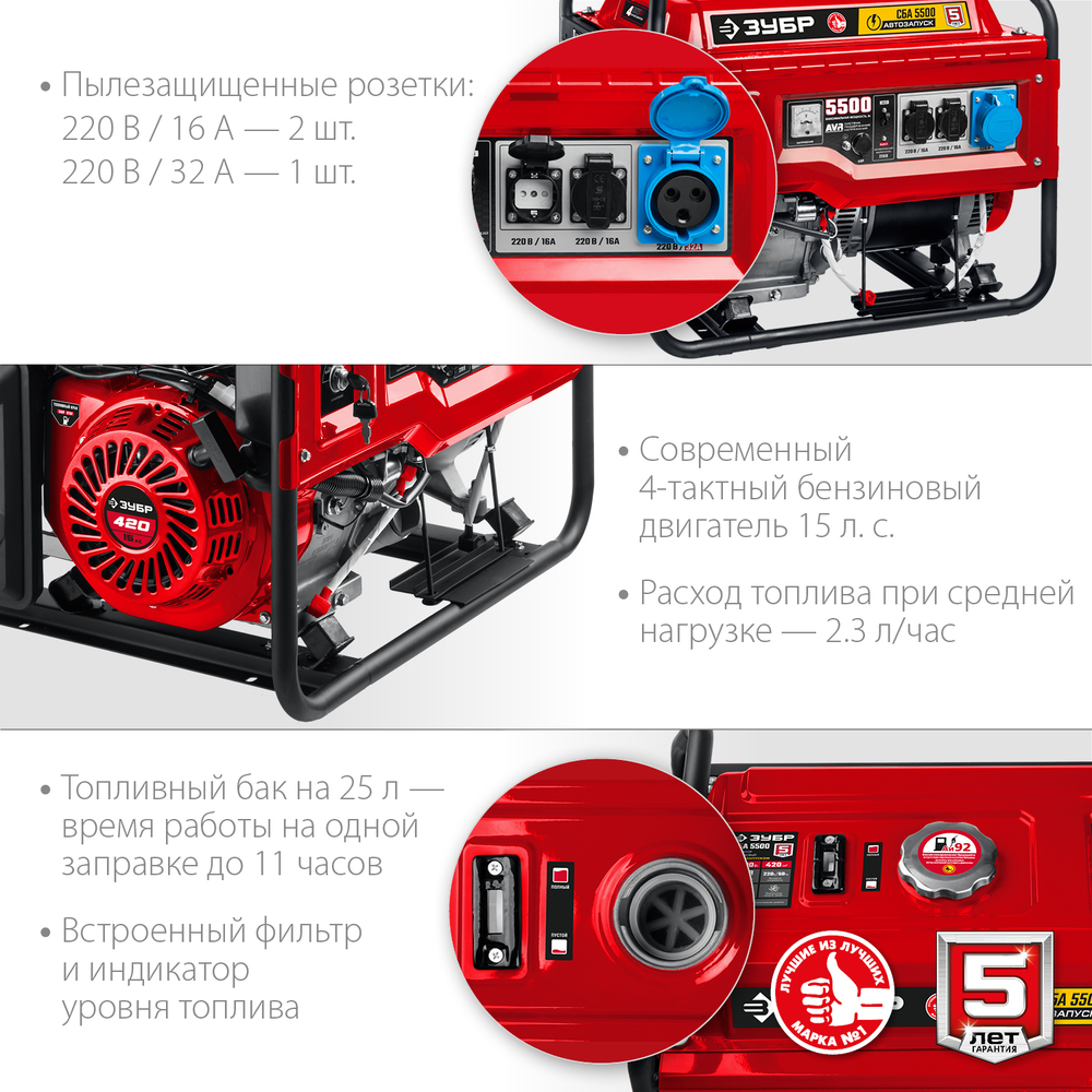 ЗУБР 5500 Вт, бензиновый генератор с автозапуском (СБА-5500)