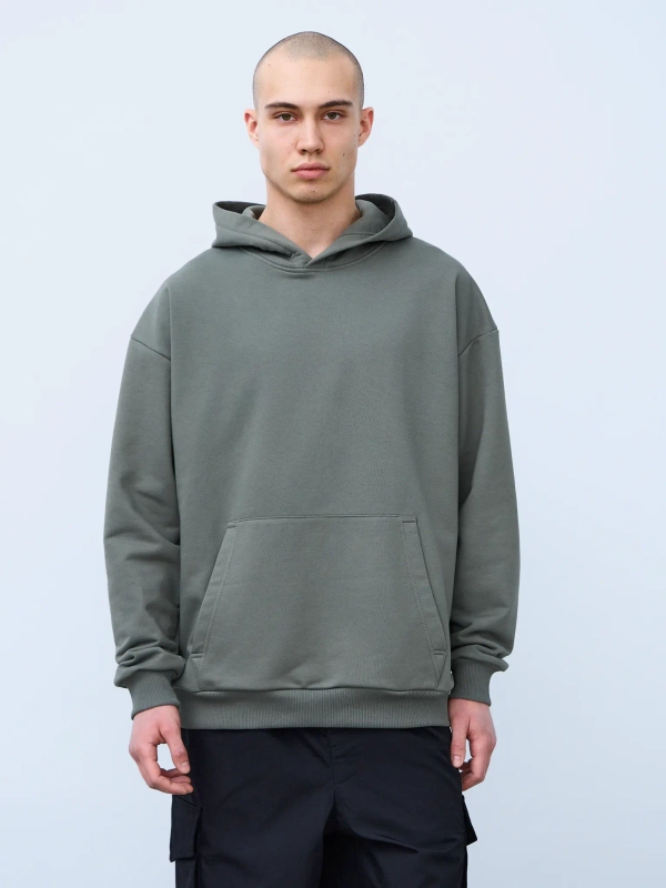 Худи оверсайз без начеса (серо-зеленый)