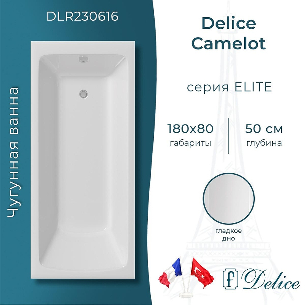 Чугунная ванна Delice Camelot 180х80 DLR230616 без отверстий под ручки и антискользящего покрытия