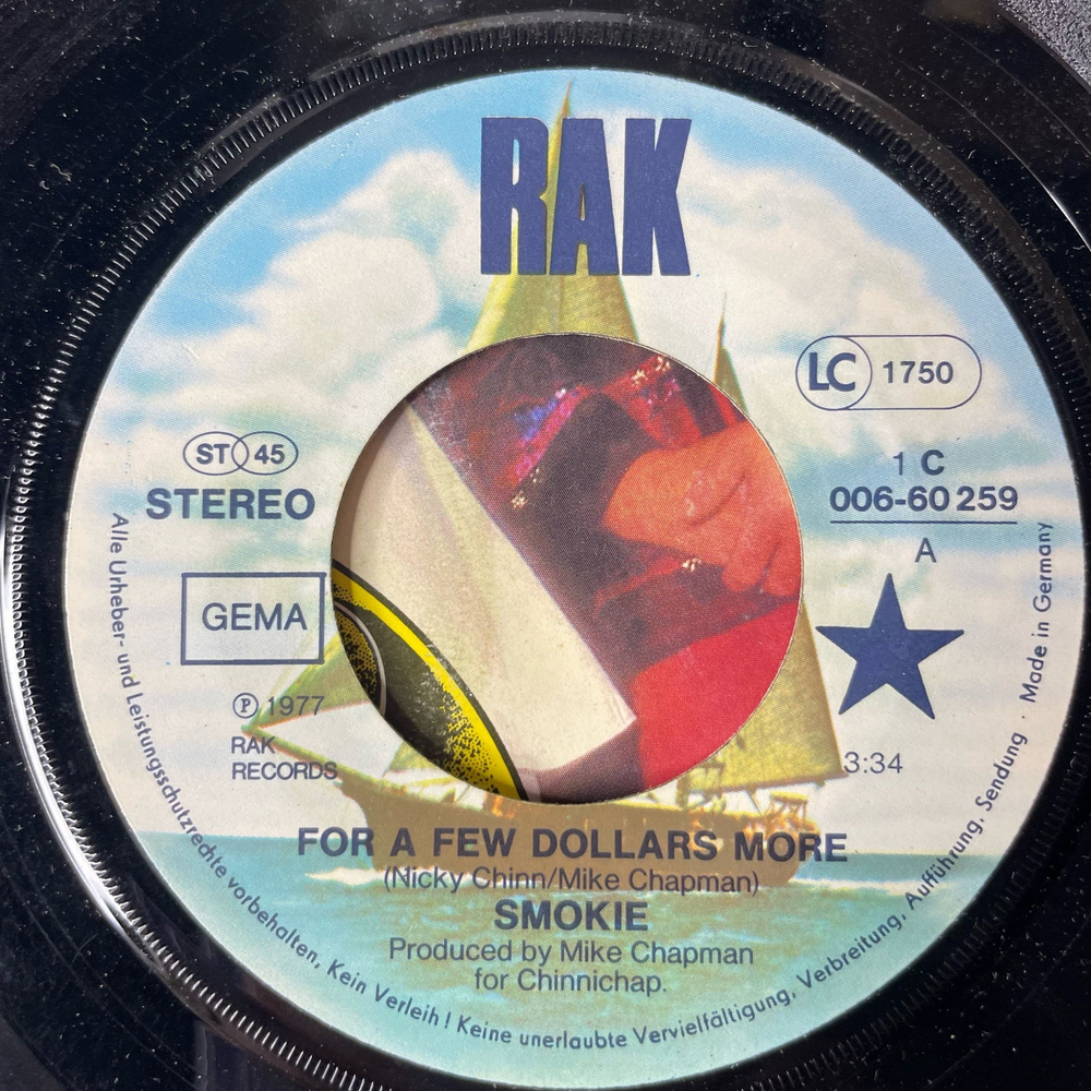 Винтажная виниловая пластинка 7 дюймов (маленькая пластинка) Смоуки Smokie For A Few Dollars More (Германия 1977)