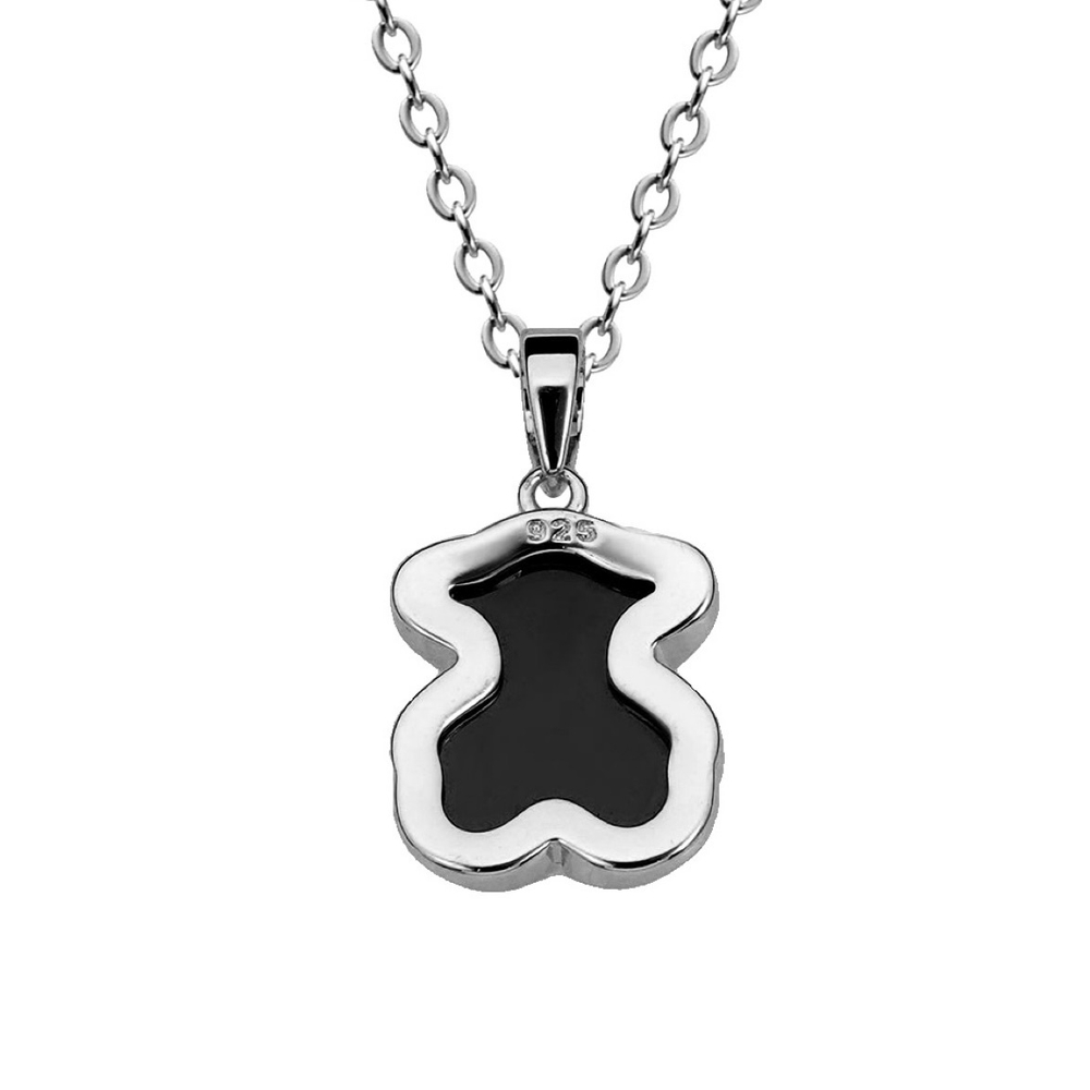 Латунная цепочка с Подвеской "Мишка из чёрной керамики", silver