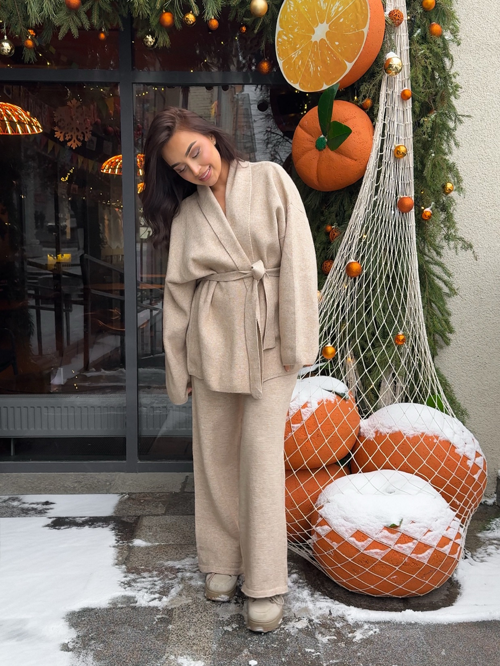 Комплект вязаный, кардиган с поясом и брюки