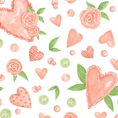 Сердечки, розы и пуговки на белом фоне