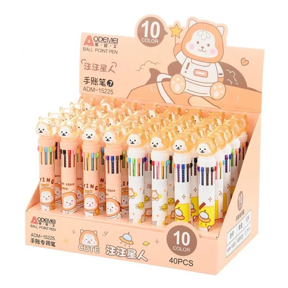Ручка шариковая, автоматическая, 10в1, Odemei, 10-ти цветная, серия "КОТ КОСМОНАВТ", с резиновой фигуркой, 40 шт