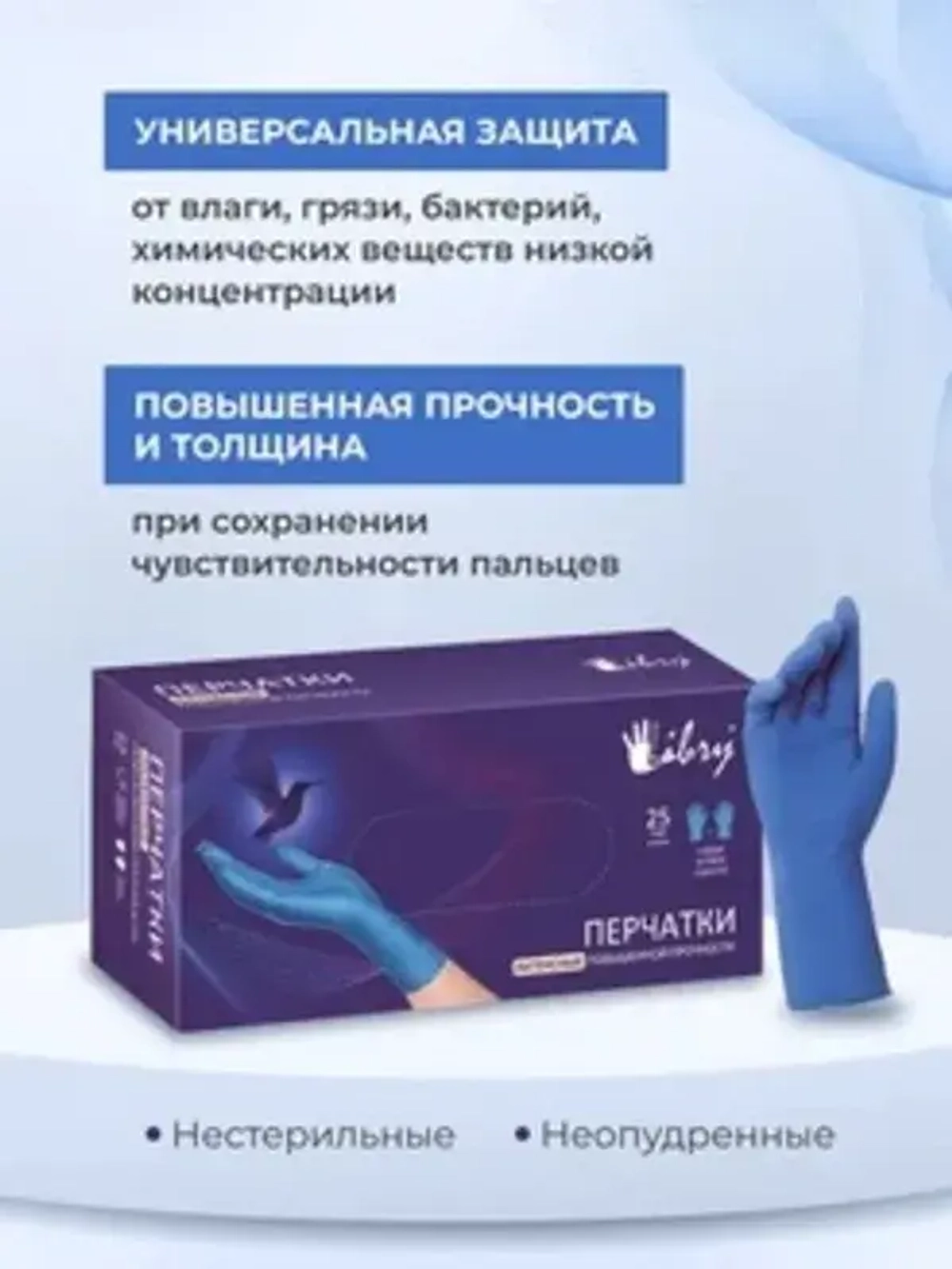 Перчатки латексные повышенной прочности Libry HR синие М 250/25