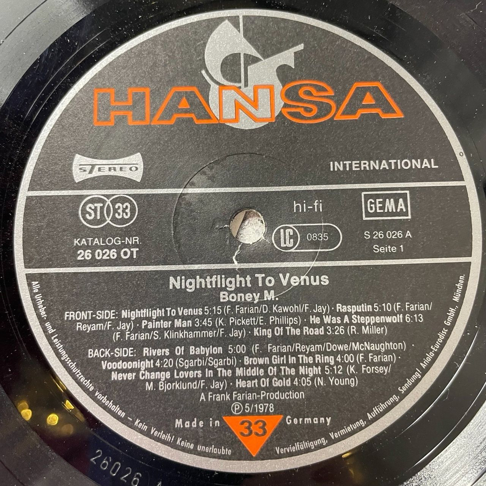 Винтажная виниловая пластинка LP Boney M. Nightflight To Venus (Germany 1978) Rivers Of Babylon