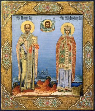 Николай Чудотворец и Царица Александра. Деревянная икона на левкасе