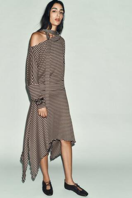 ZARA ЮБКА АСИММЕТРИЧНОГО КРОЯ В ПОЛОСКУ, КОРИЧНЕВЫЙ/ЭКРЮ