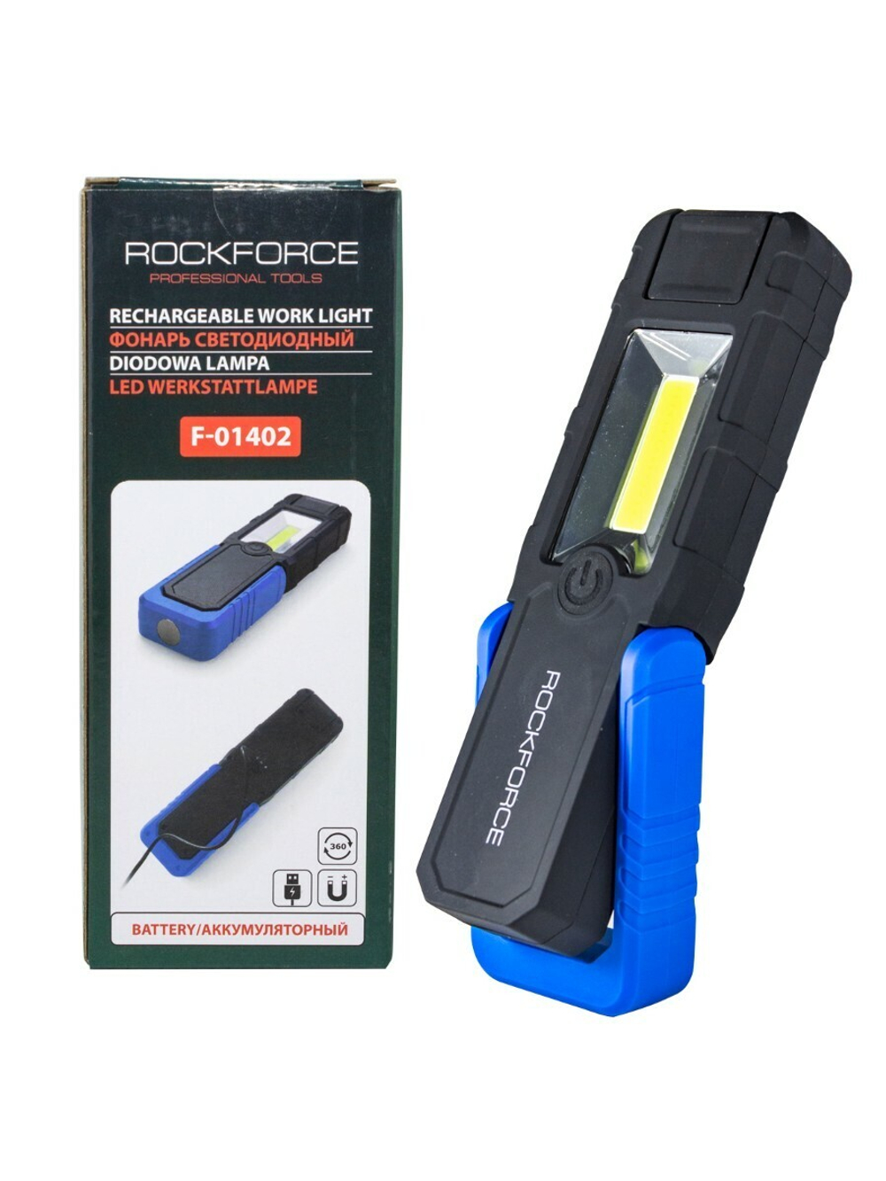 Лампа светодиодная аккумуляторная(5W COB+1W,магнит,180гр.,250Lm,2000mAh,USB провод,время раб.3ч,время заряд.2-3ч,защита гнезда зарядки) RockForce##Rock FORCE RF-F-01402