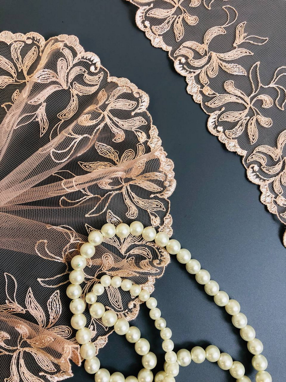 Тесьма сетка с вышивкой, пудровый, 8см, IFS