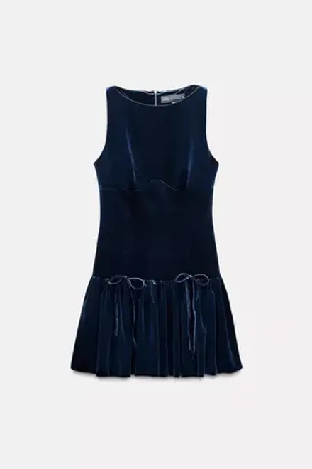 ZARA КОРОТКОЕ ПЛАТЬЕ С БАНТАМИ, ЦВЕТ НОЧНОГО НЕБА