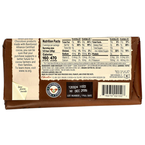 Chocolove, черный шоколад с миндалем, тоффи и морской солью, 55% какао, 90 г (3,2 унции)