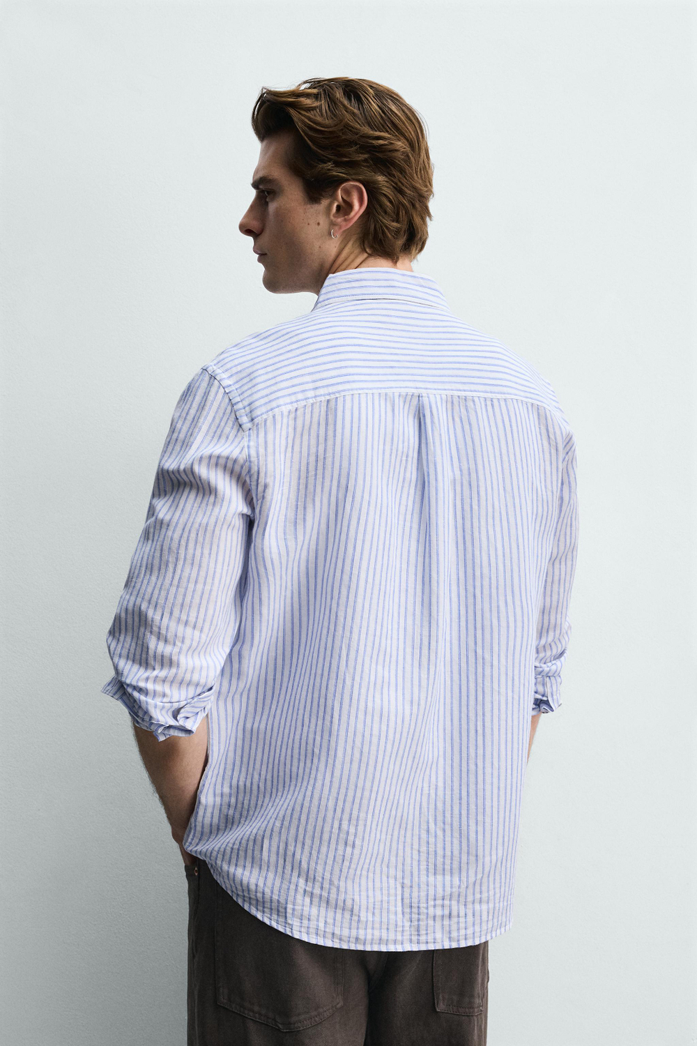 ZARА РУБАШКА REGULAR FIT ИЗ ЛЬНА И ХЛОПКА, СИНИЙ/БЕЛЫЙ