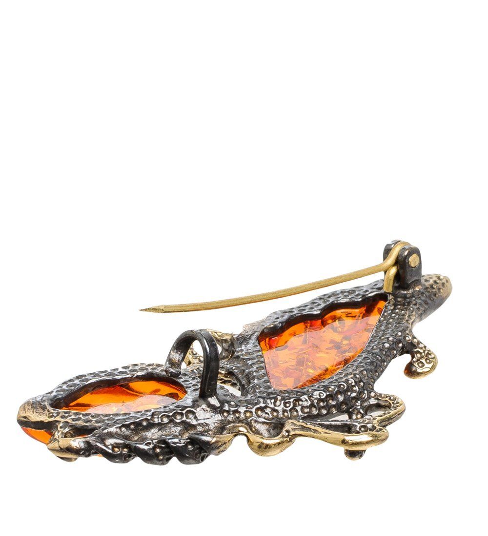 AM-1657 Брошь «Бабочка Куколка Ажурная» (латунь, янтарь)