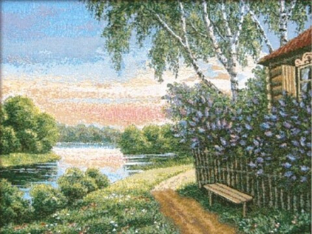 Гобеленовая картина "D. СИРЕНЕВЫЙ САД" в багетной раме, Россия.